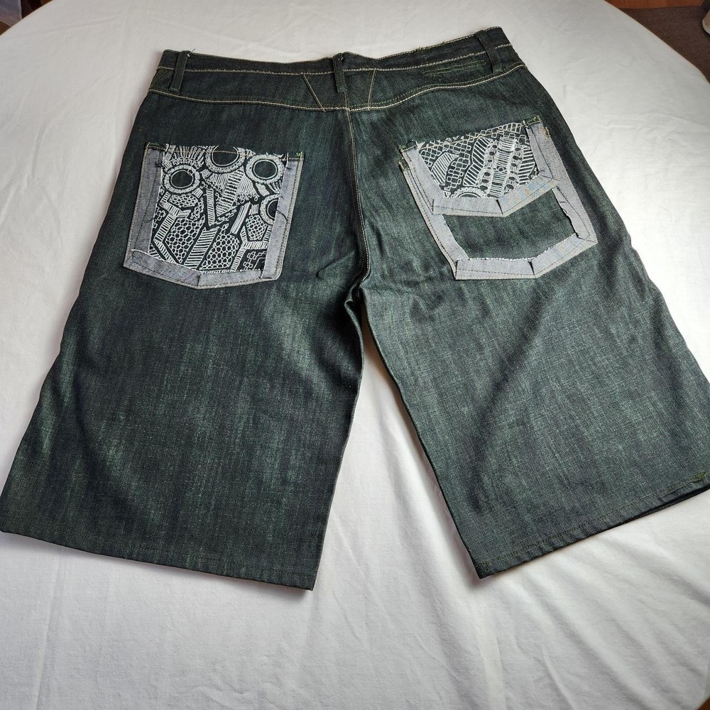 Marithe Francois Girbaud Mens Black Green Tint Denim Shorts Jorts Baggy 40